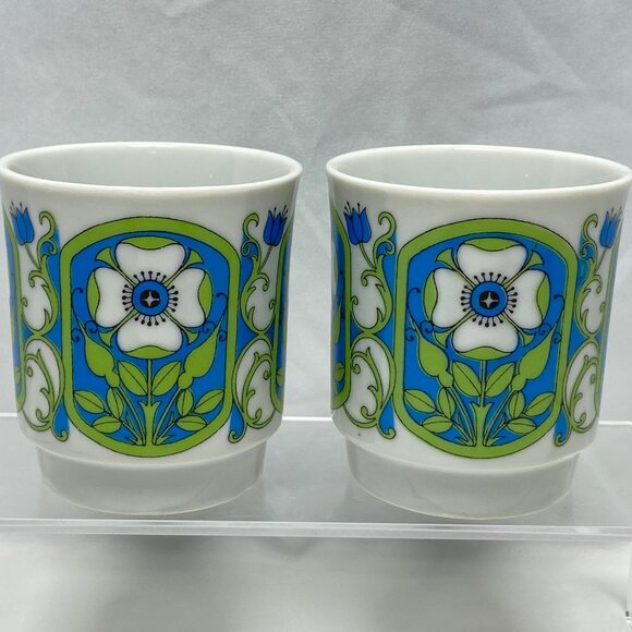 MCM Floral 60's Coffee Mugs Retro 8 oz Cups Japan Set of 2 - Picture 2 of 13